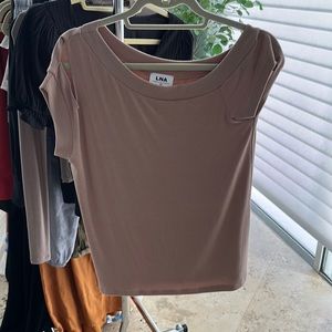 LNA tan T shirt sleeve cutouts